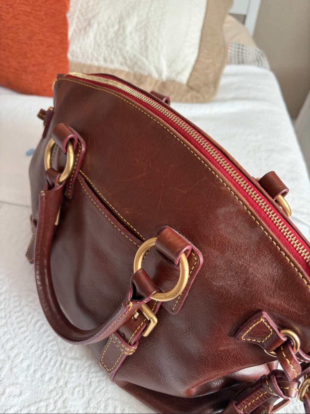 Dooney & Bourke Chestnut Brown Leather Satchel with Tassel - Picture 3 of 6